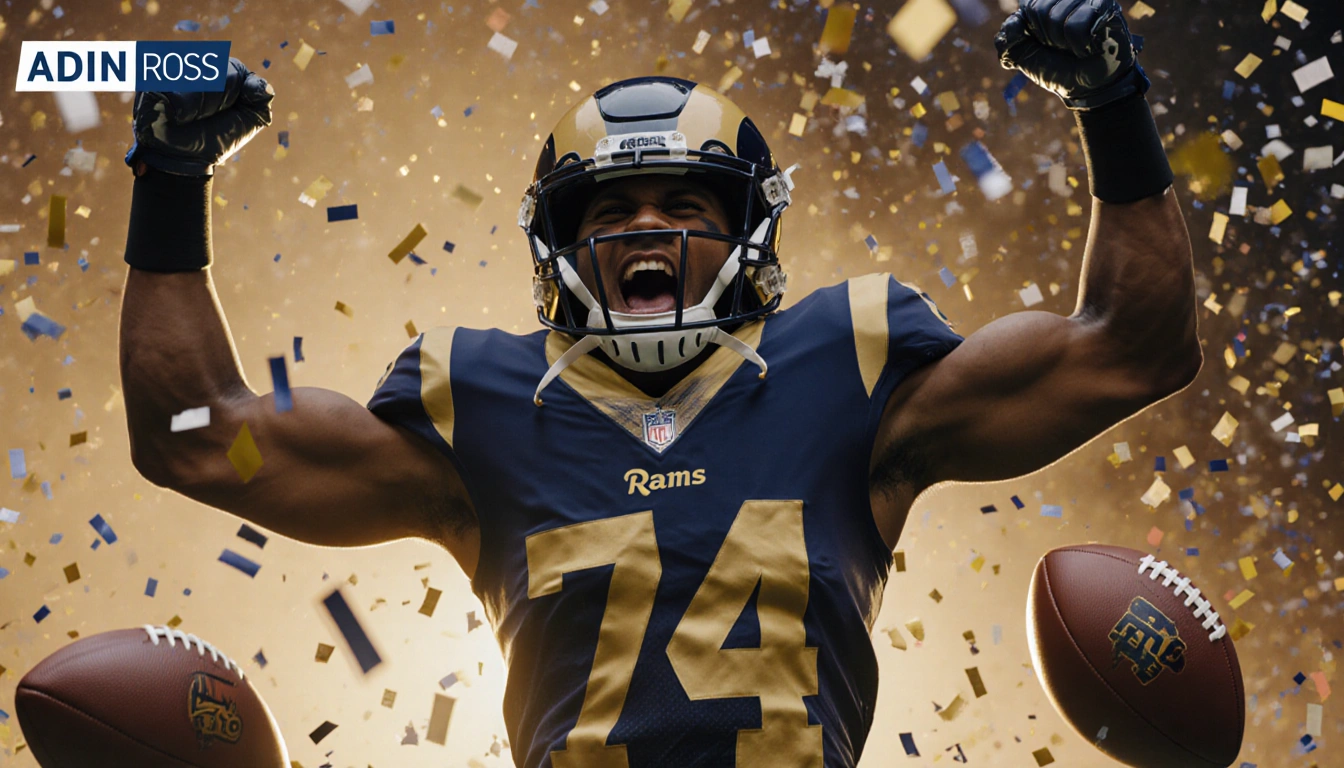Puka Nacua celebrating a touchdown with arms raised and confetti exploding around him in a Rams logo background