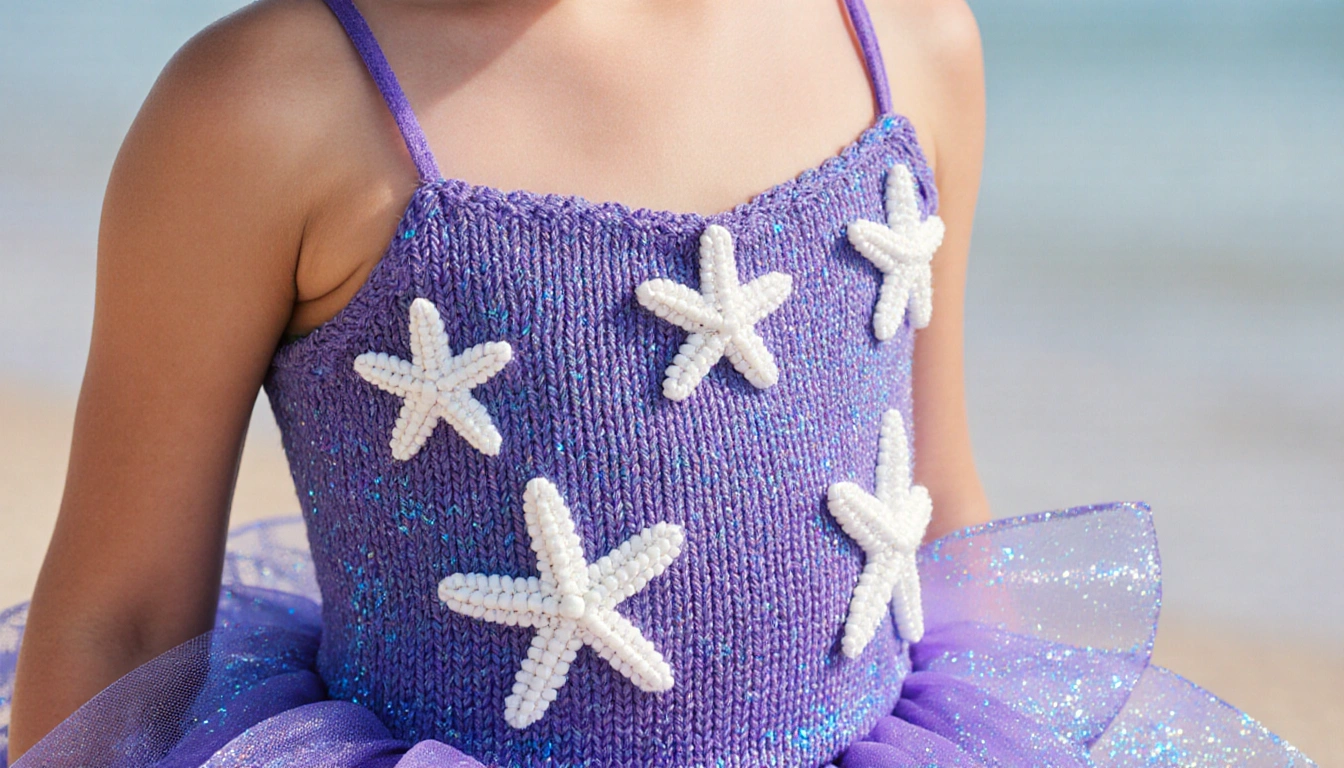 Purple knit top showing white starfish embellishments with detailed stitching and glittery accents in background