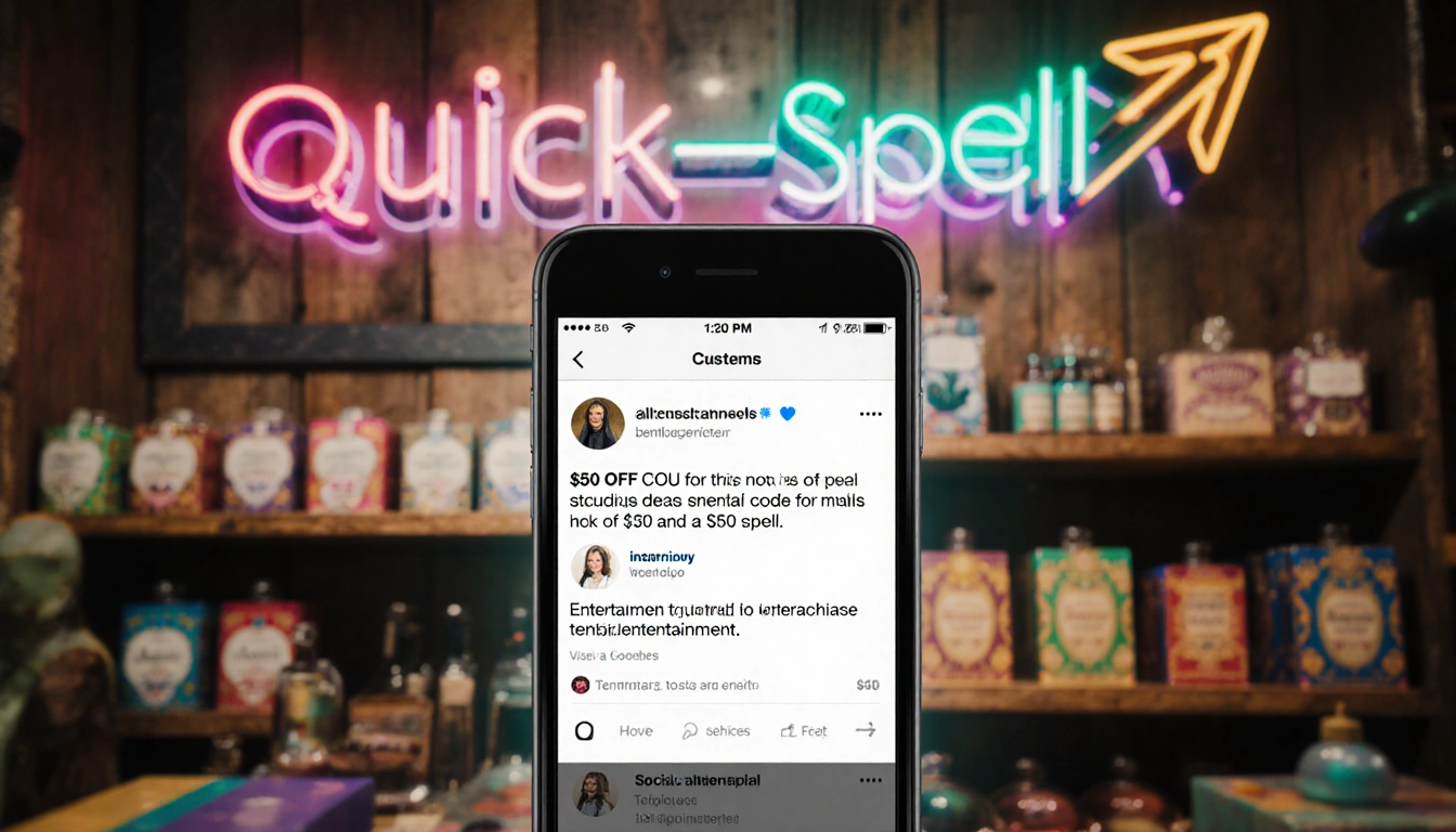 Neon QuickSpell banner shines with arrow items blurred phone shows $5 off coupon influencer quote