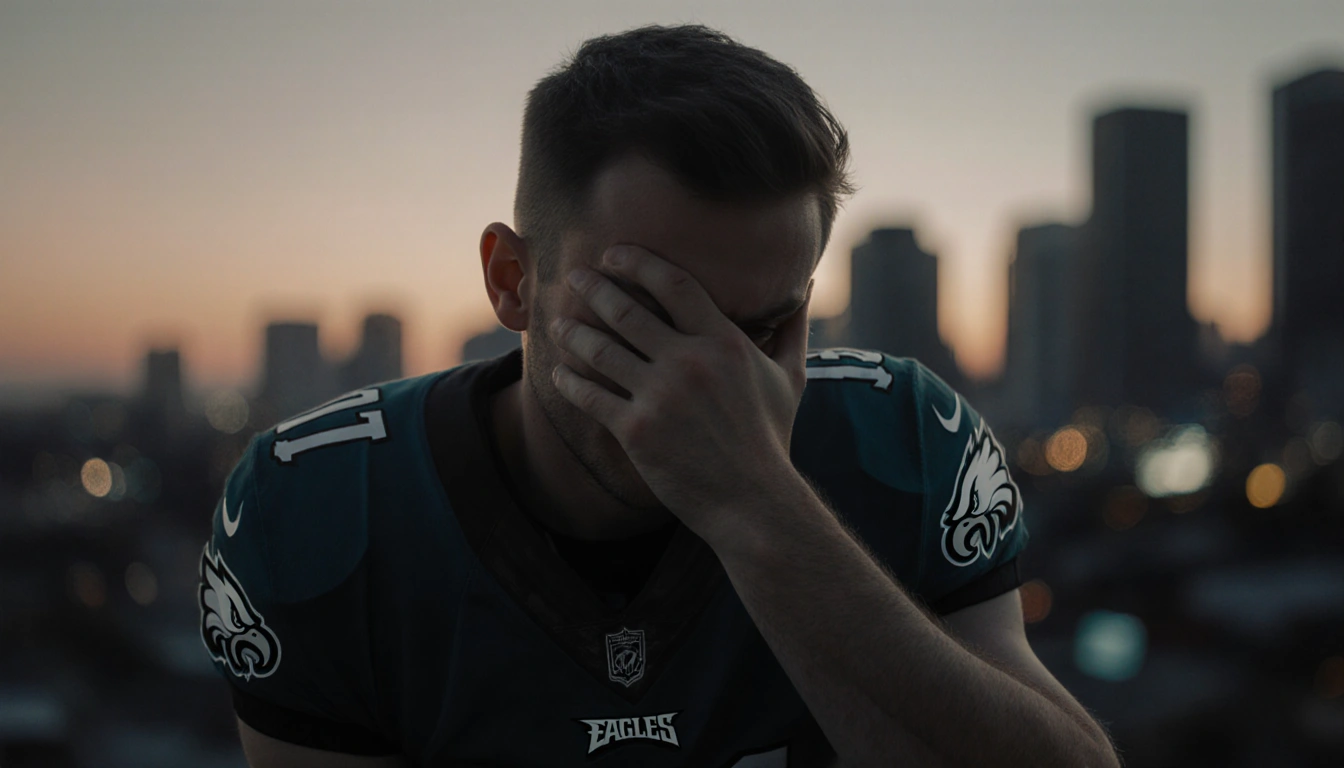 Quigley sits with his hand over his face and a subtle smile indicating recovery while a blurred New Orleans skyline at dusk g