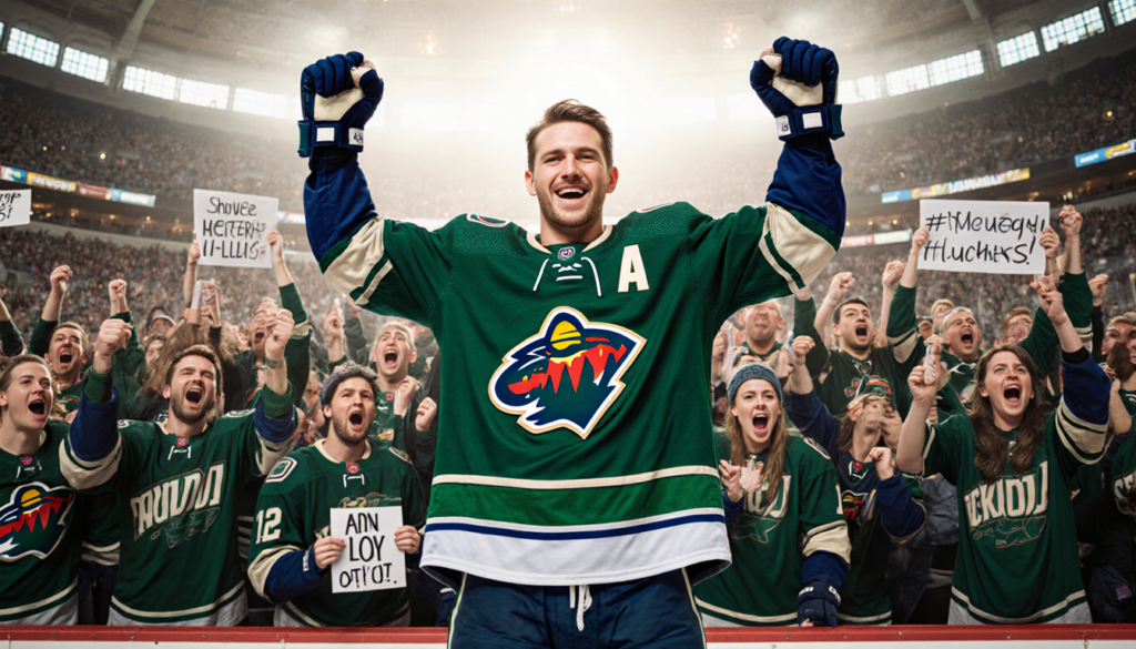 Quinn Hughes triumphantly holds up his Vancouver Canucks jersey in front of a sea of cheering Minnesota Wild fans.