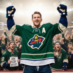 Quinn Hughes triumphantly holds up his Vancouver Canucks jersey in front of a sea of cheering Minnesota Wild fans.