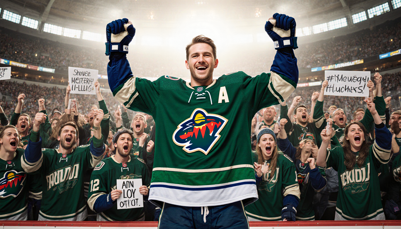 Quinn Hughes triumphantly holds up his Vancouver Canucks jersey in front of a sea of cheering Minnesota Wild fans.