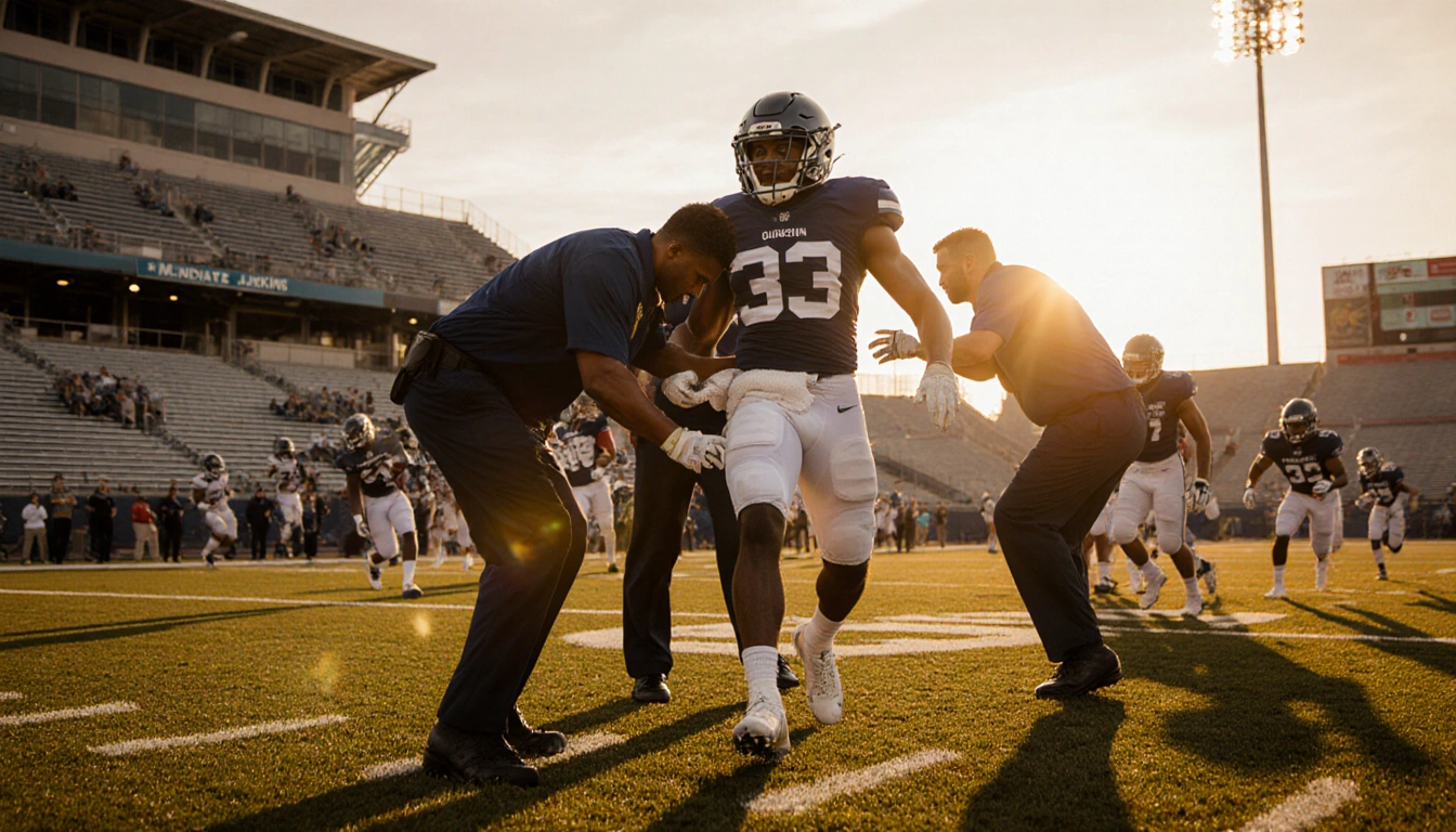 Quinshon Judkins being helped off the field with an ice pack on his injured leg and teammates watching at sunset