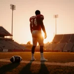Quinyon Mitchell standing on football field at sunset with abandoned football near his feet and empty stadium seats behind