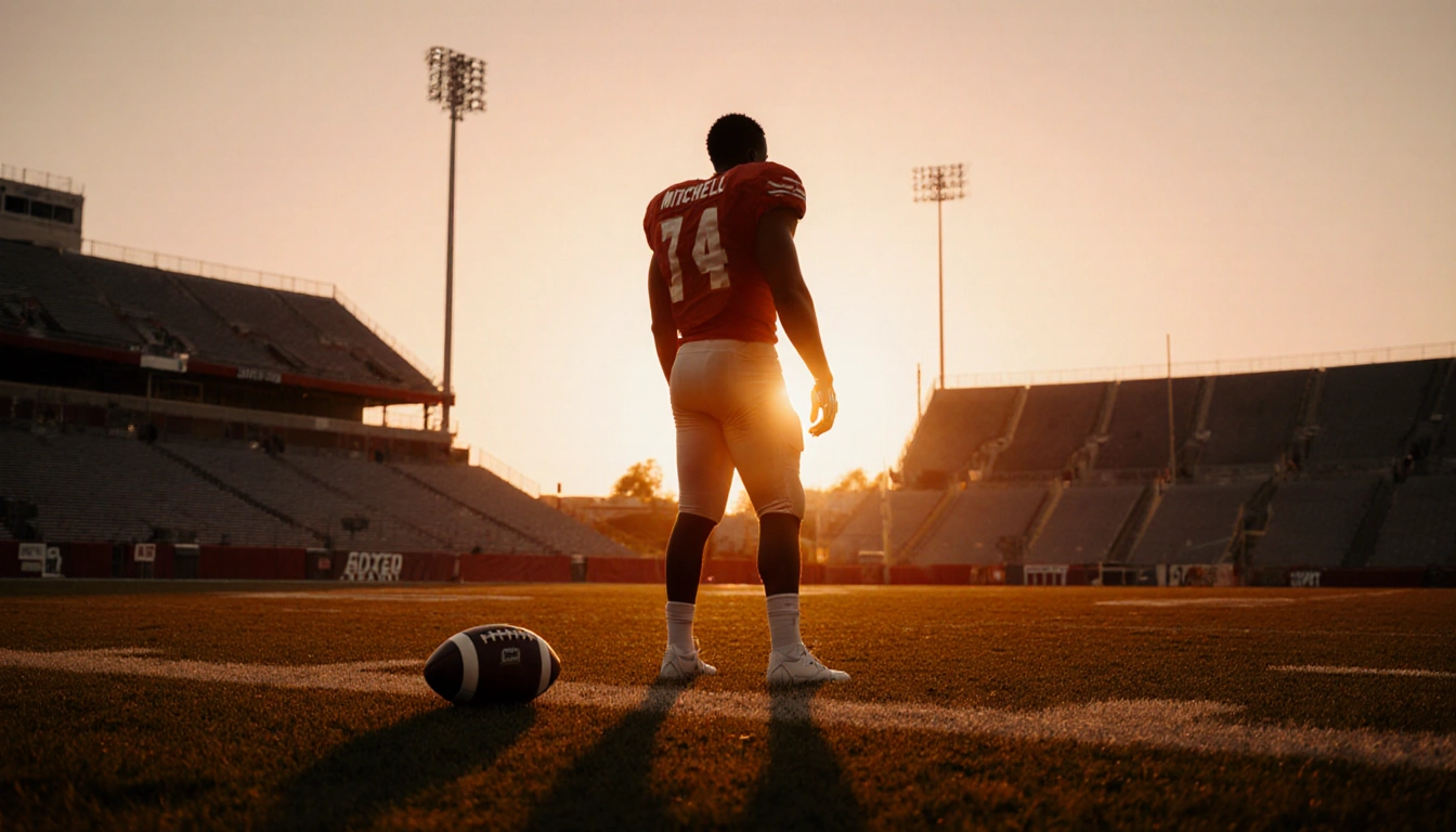 Quinyon Mitchell standing on football field at sunset with abandoned football near his feet and empty stadium seats behind