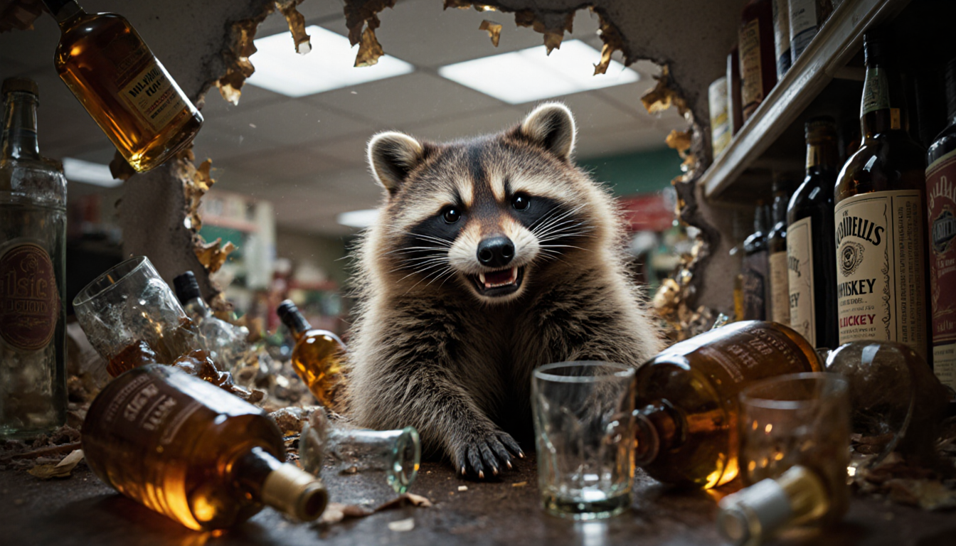 Raccoon grabbing empty bottles with shattered glass and a liquor store ceiling visible in chaos