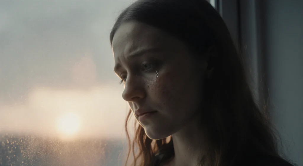 Rachael Carpani gazes off into the distance with tearful eyes under a muted gray‑blue sky with sunrise glow.