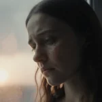 Rachael Carpani gazes off into the distance with tearful eyes under a muted gray‑blue sky with sunrise glow.
