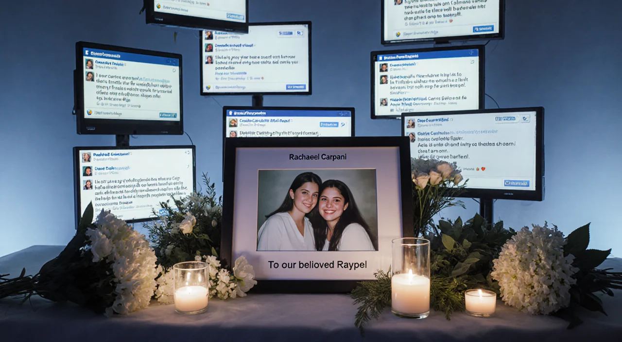 Rachael Carpani photo in frame surrounded by candles and flowers with fan messages on screens