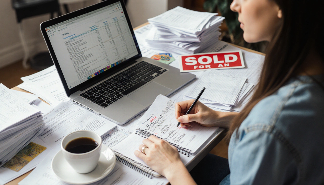 Rachel Pelovitz sits at a desk with bills and laptop with financial plans and coffee while a Sold sign hints at a home sale