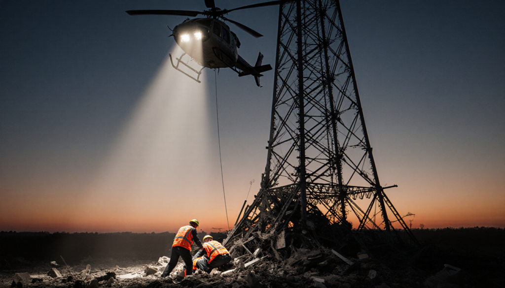 Rescue team extracting injured worker from radio tower with helicopter hovering and light lit debris.