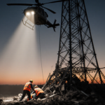 Rescue team extracting injured worker from radio tower with helicopter hovering and light lit debris.