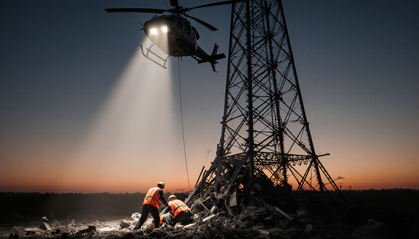 Rescue team extracting injured worker from radio tower with helicopter hovering and light lit debris.