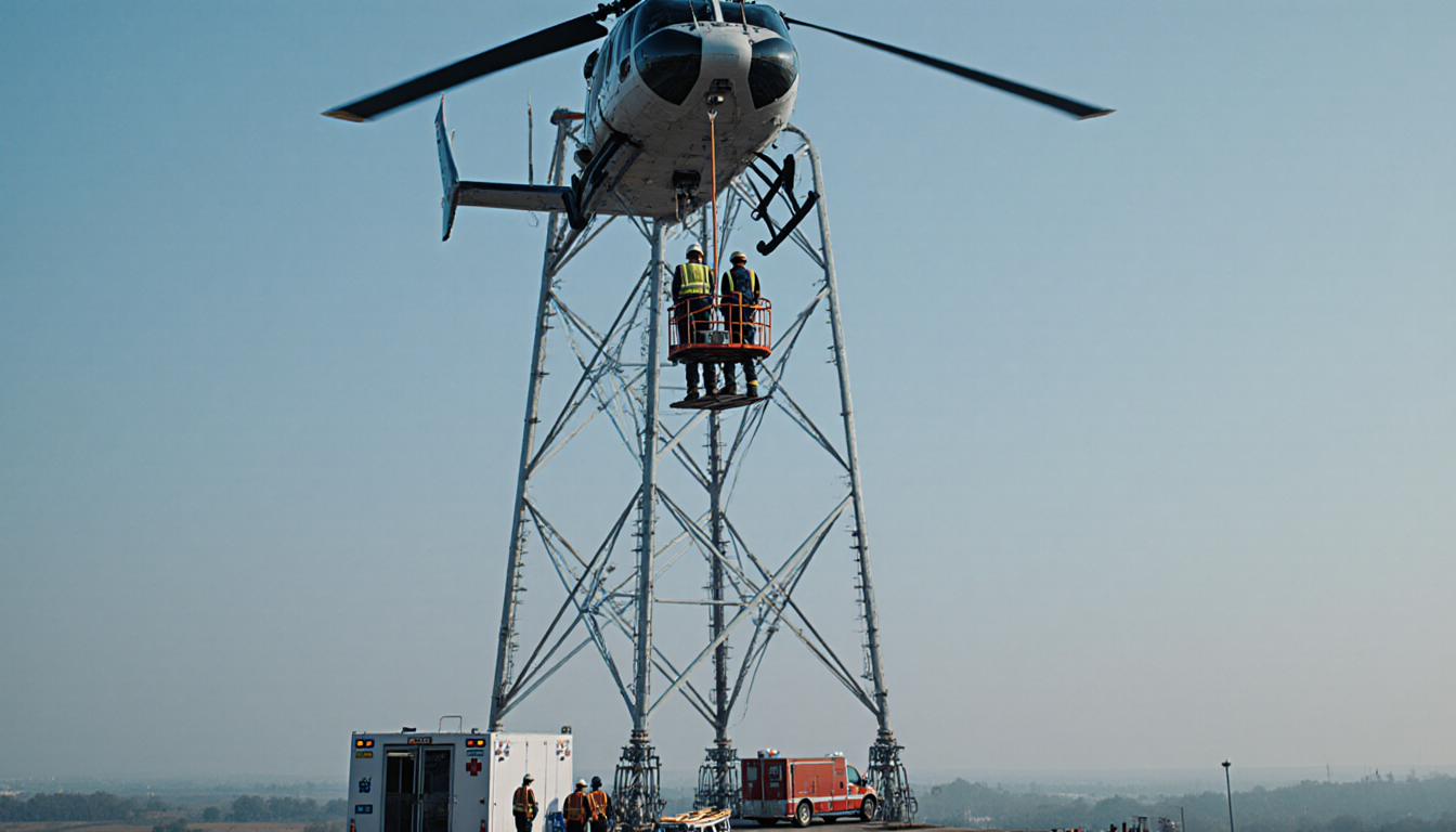 Two workers standing on rescue basket edge with hovering helicopter and emergency crew below