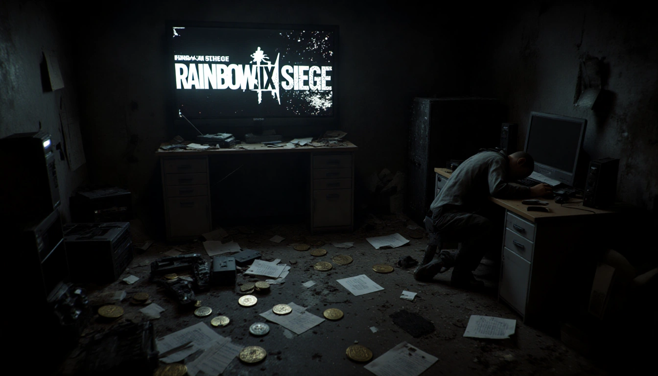 Defeated avatar slumps over desk with flickering Rainbow Six Siege logo on monitor and game over screen