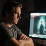 Randy Havens sits at a computer with an unfinished Stranger Things episode on screen and a frustrated look