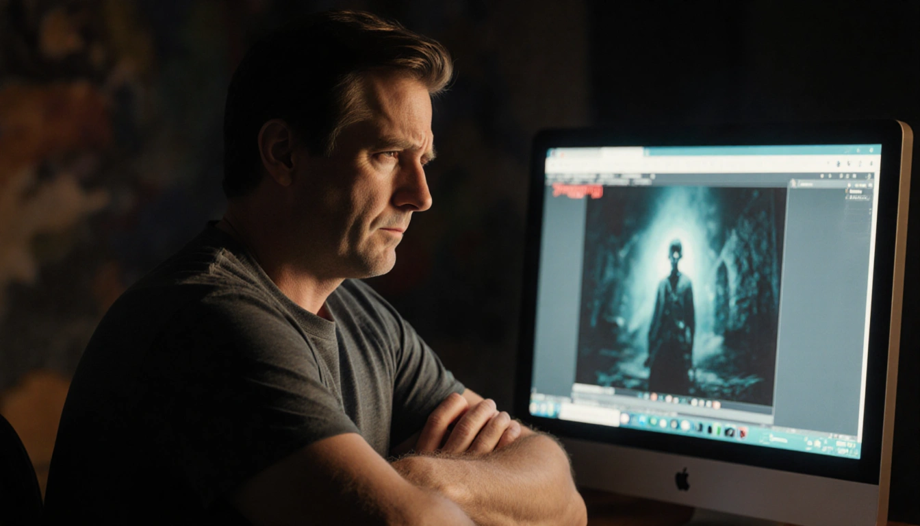 Randy Havens sits at a computer with an unfinished Stranger Things episode on screen and a frustrated look