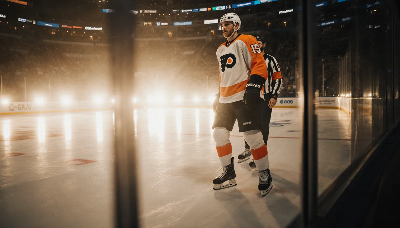 Rasmus Ristolainen stands ready on the Flyers’ ice with Cam York beside him lights reflecting off glass.