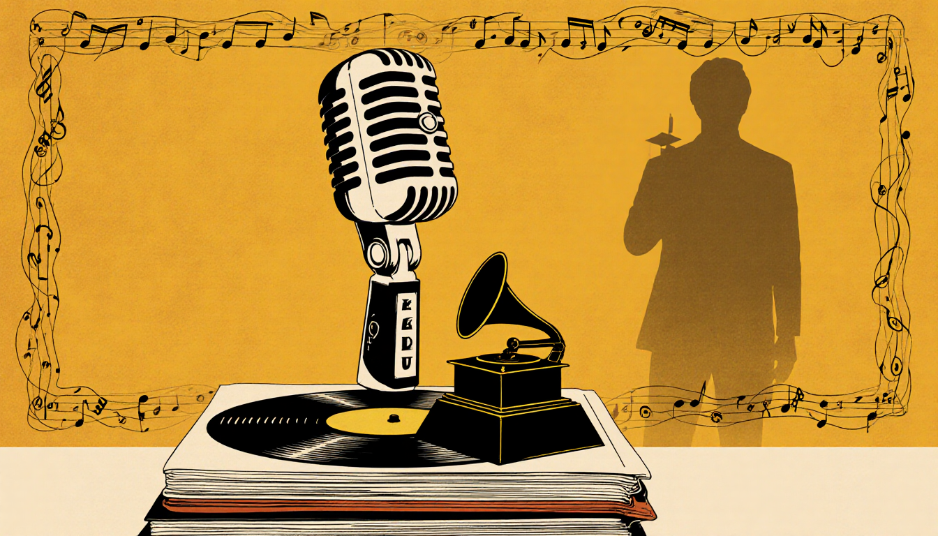 Microphone rests on vinyl stack with Grammy Award and background silhouette