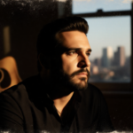 Raul Malo sits in a dim room with a single spotlight illuminating his face and a blurred guitar and cityscape in the backgrou