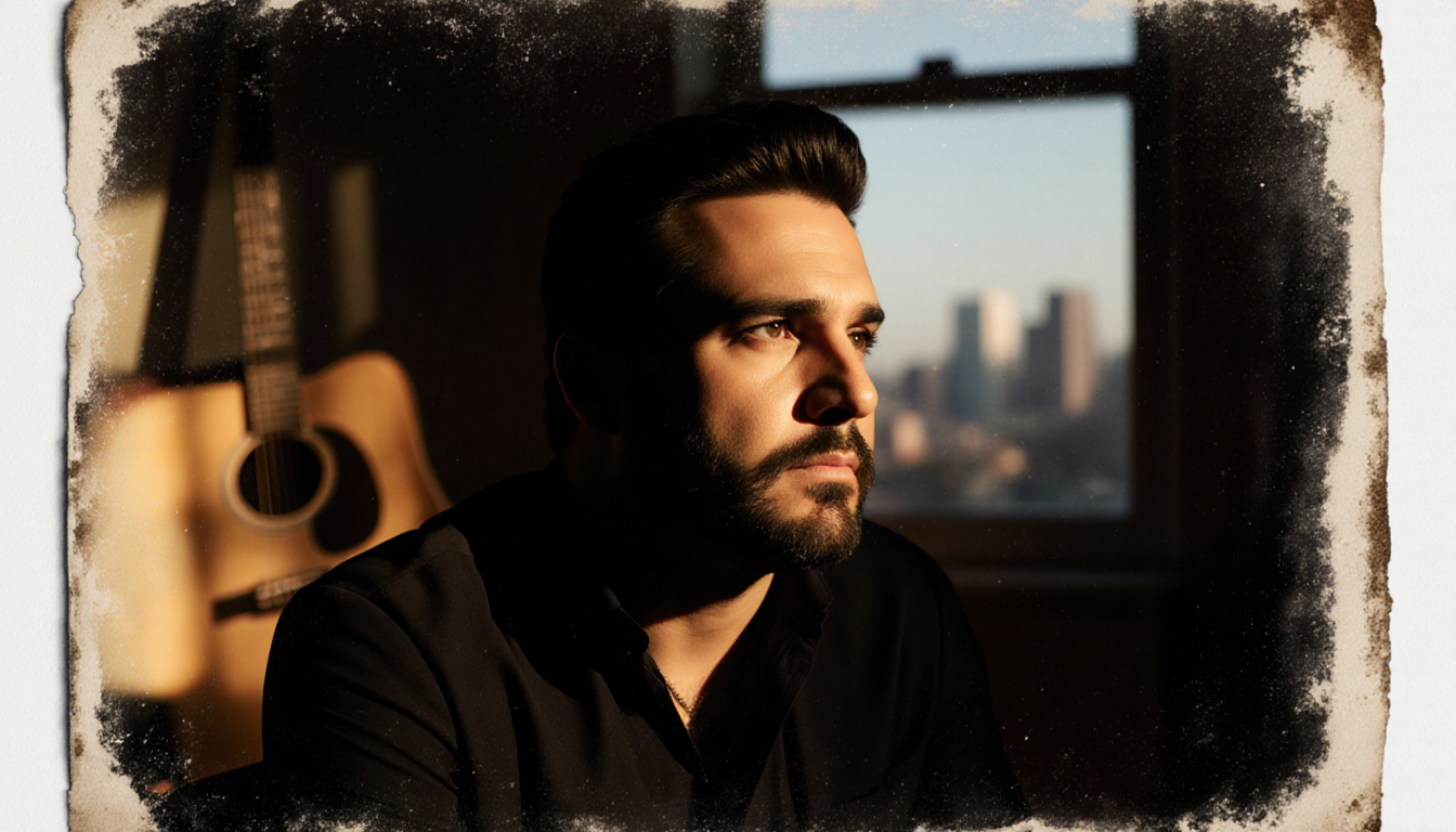 Raul Malo sits in a dim room with a single spotlight illuminating his face and a blurred guitar and cityscape in the backgrou