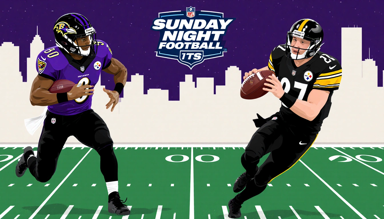 Lamar Jackson throws a pass to Tyler Huntley on a gridiron with Ravens purple and Steelers black gold and Sunday Night Footba