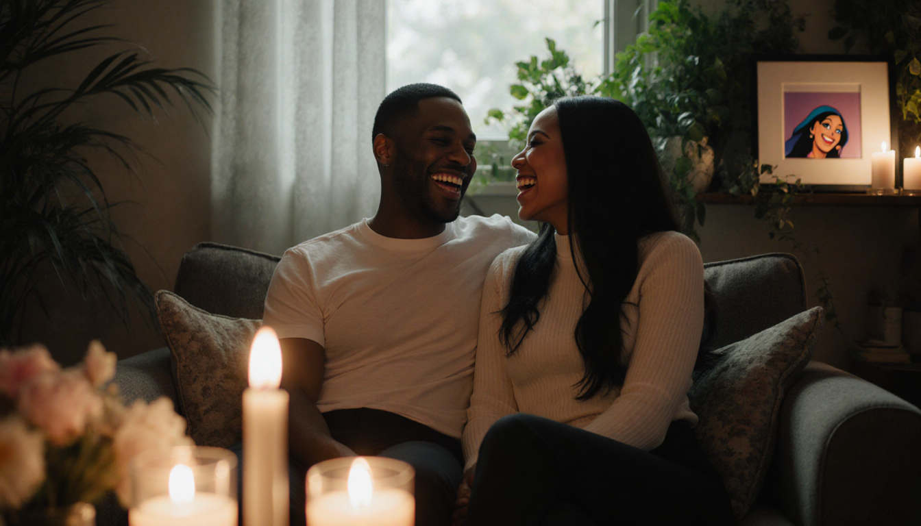 Raven‑Symoné laughing with Miranda Maday in dim living room with candles and greenery