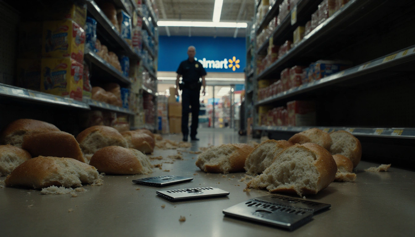 Security guard standing among razor blades with broken bread and Walmart signage in background