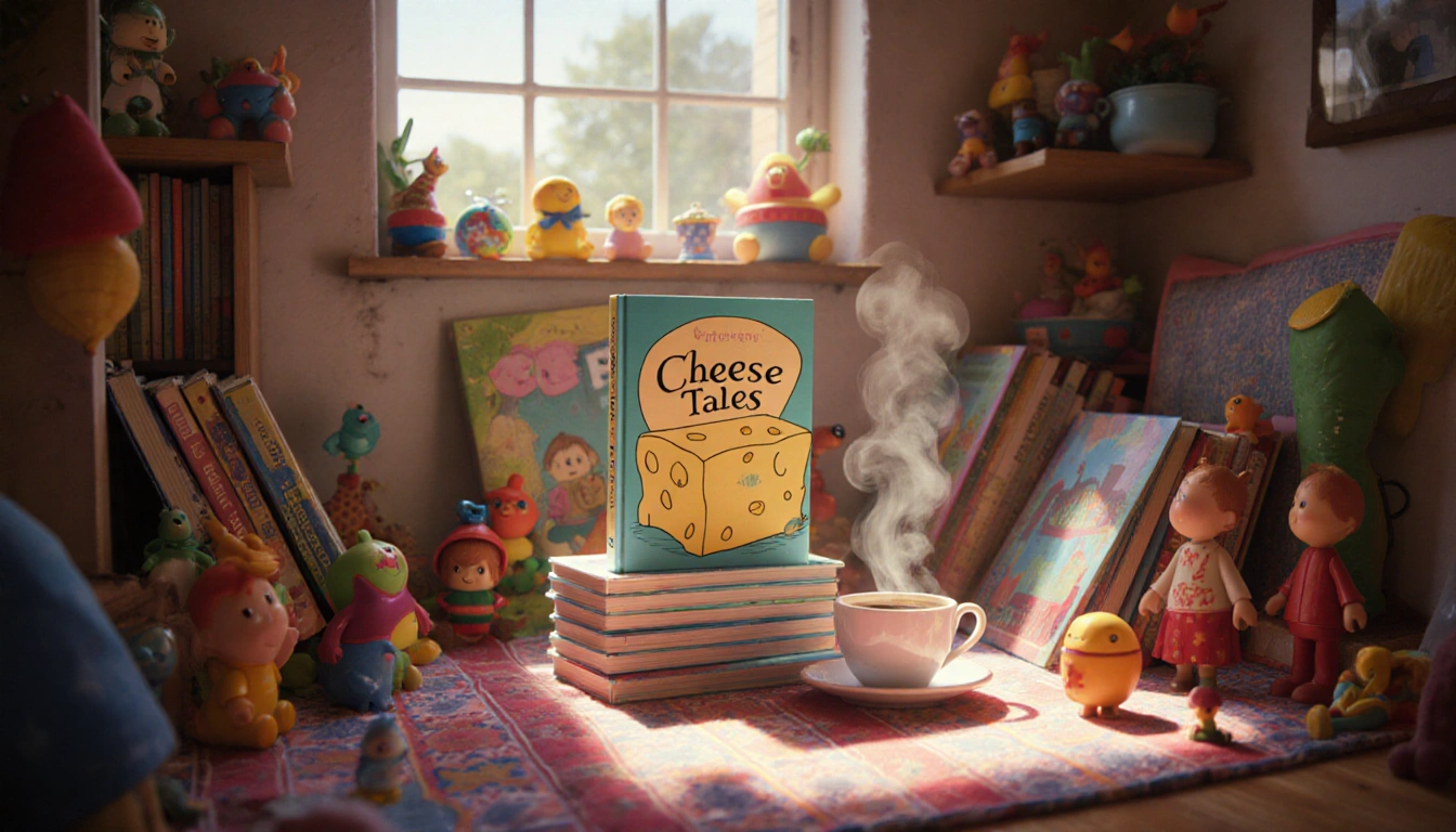 Illustration of Cheese Tales sits atop freshly printed copies with a steaming cup of coffee beside in a cozy reading nook