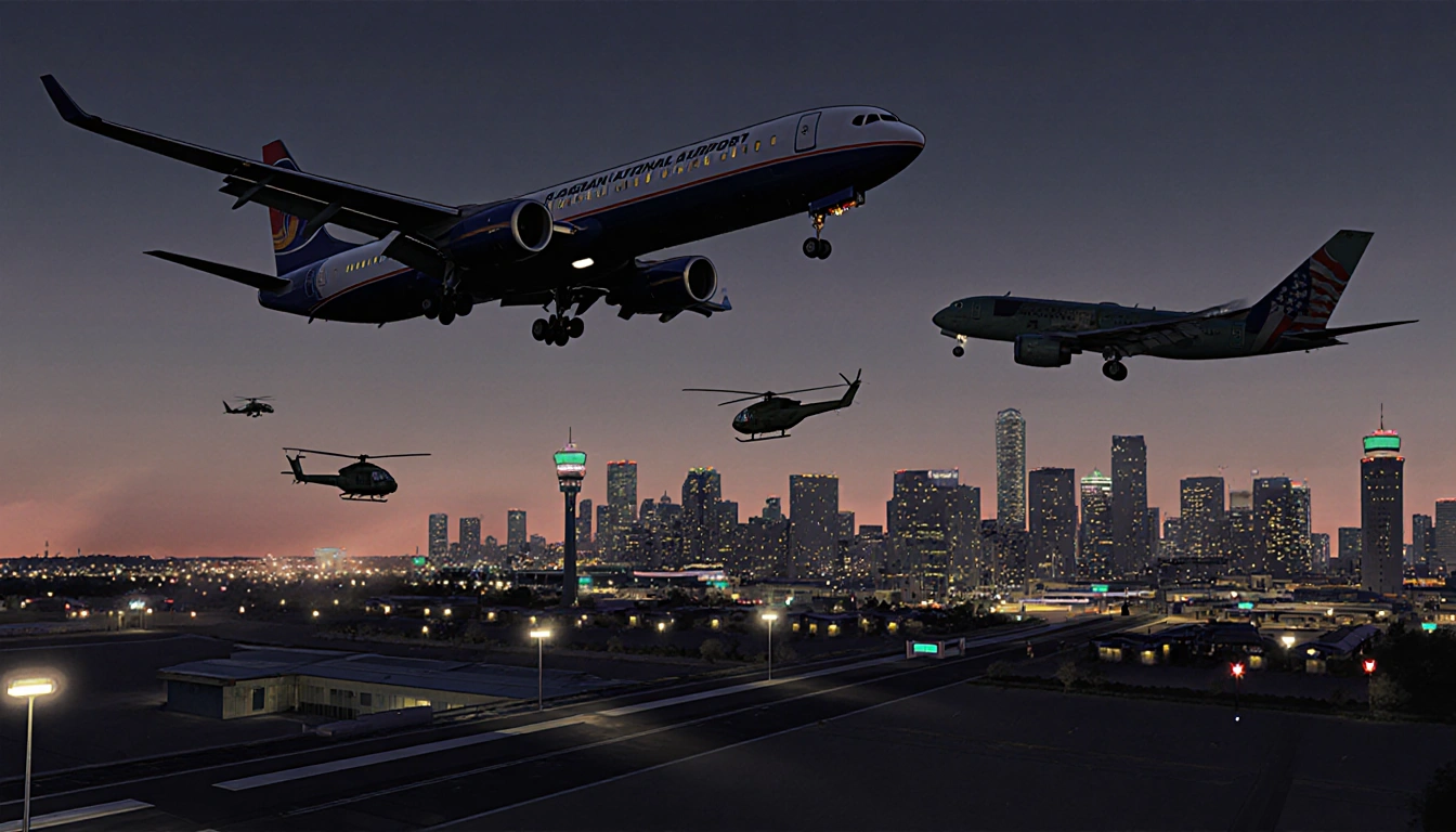 Aircraft flying near each other with Reagan National Airport city lights and navigation beacon overhead