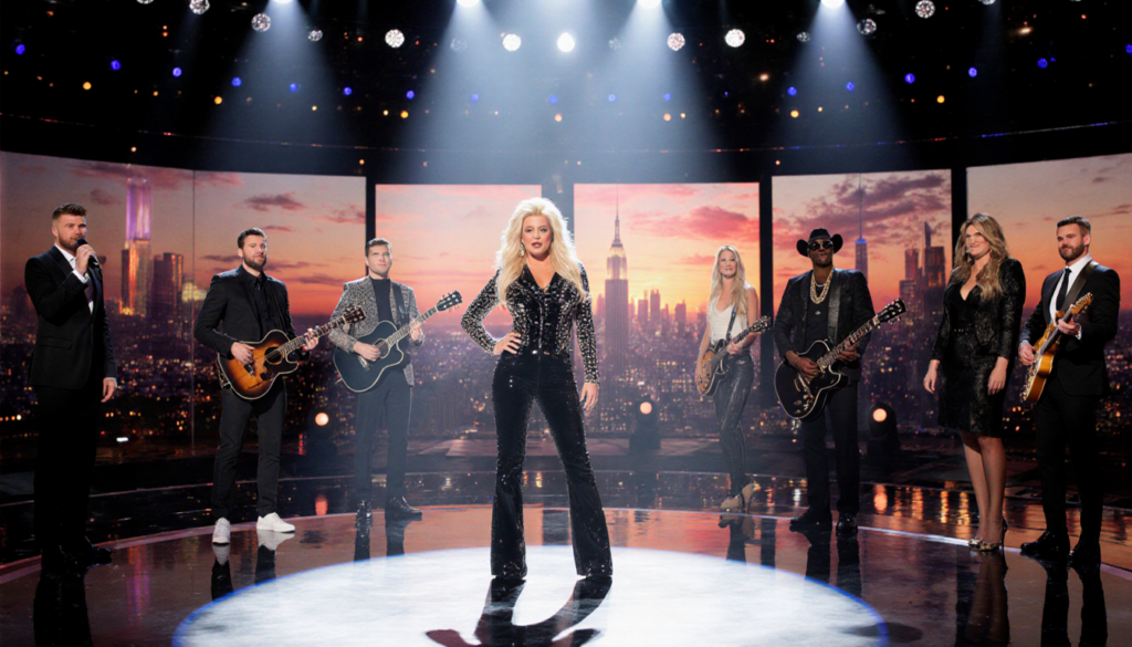 Reba McEntire performing stage with spotlights and a sunset cityscape backdrop for the Voice finale