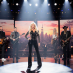 Reba McEntire performing stage with spotlights and a sunset cityscape backdrop for the Voice finale