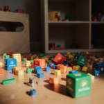 Crayola pip‑Cubes scatter across hardwood floor with empty toy box and loose magnets in background indicating safety recall.