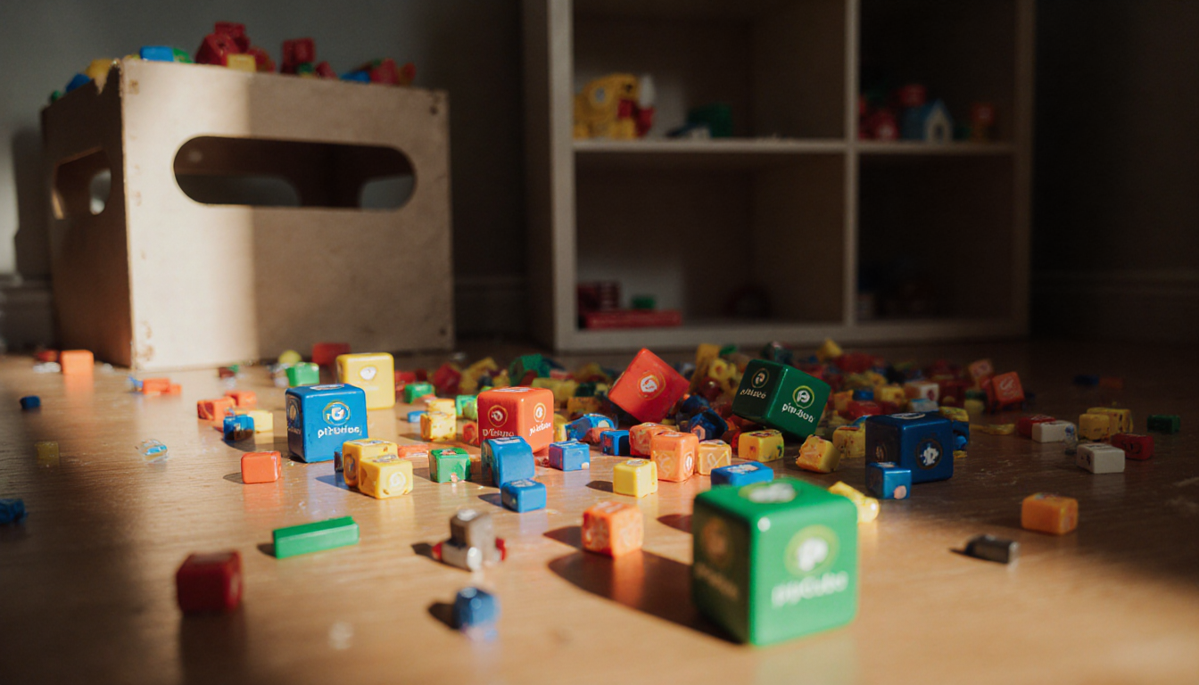 Crayola pip‑Cubes scatter across hardwood floor with empty toy box and loose magnets in background indicating safety recall.