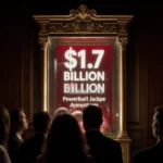 Powerball jackpot display case glows displaying $1.7b prize while a small crowd watches with excitement.