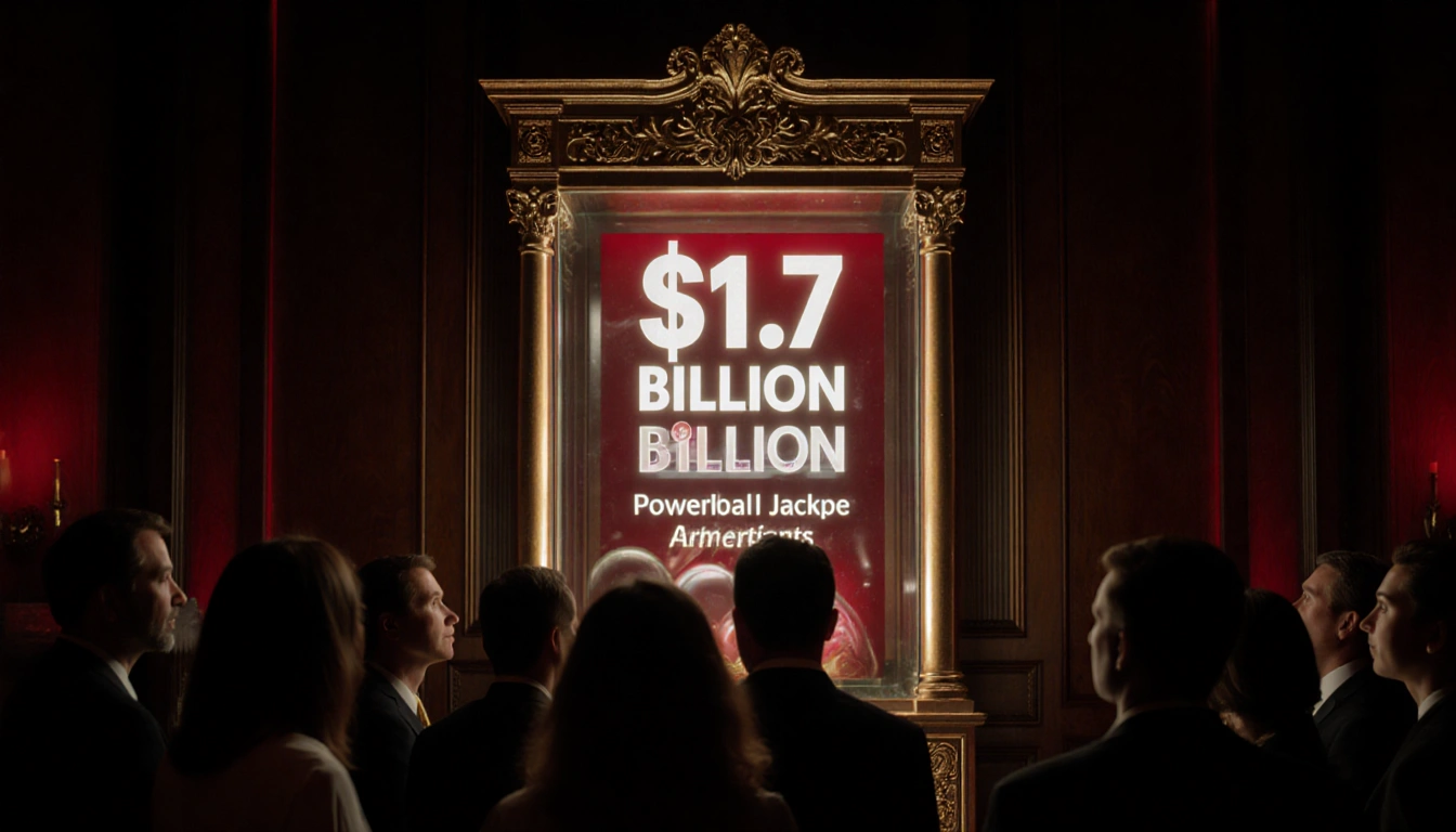 Powerball jackpot display case glows displaying $1.7b prize while a small crowd watches with excitement.