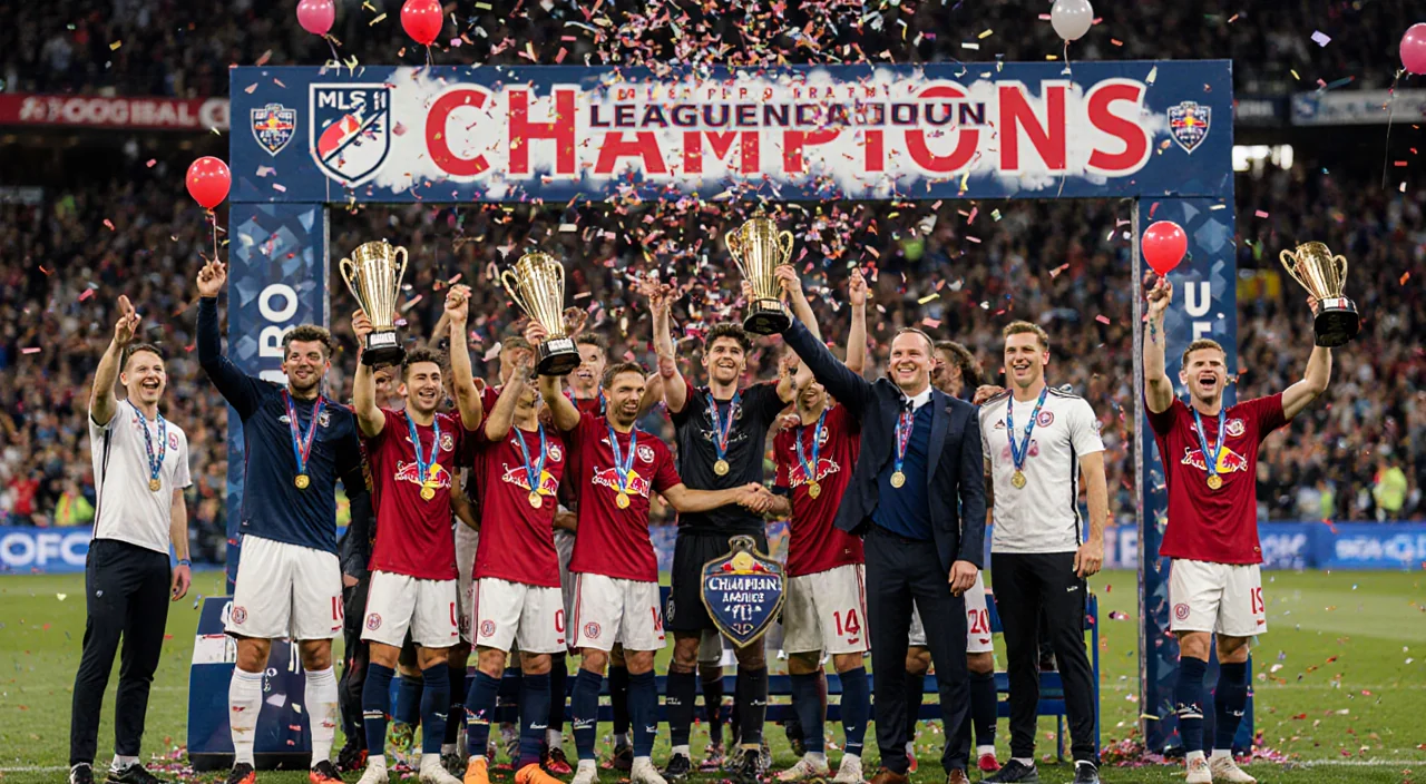 Red Bulls II players hold trophies while coach Michael Bradley smiles near the championship banner in a stadium