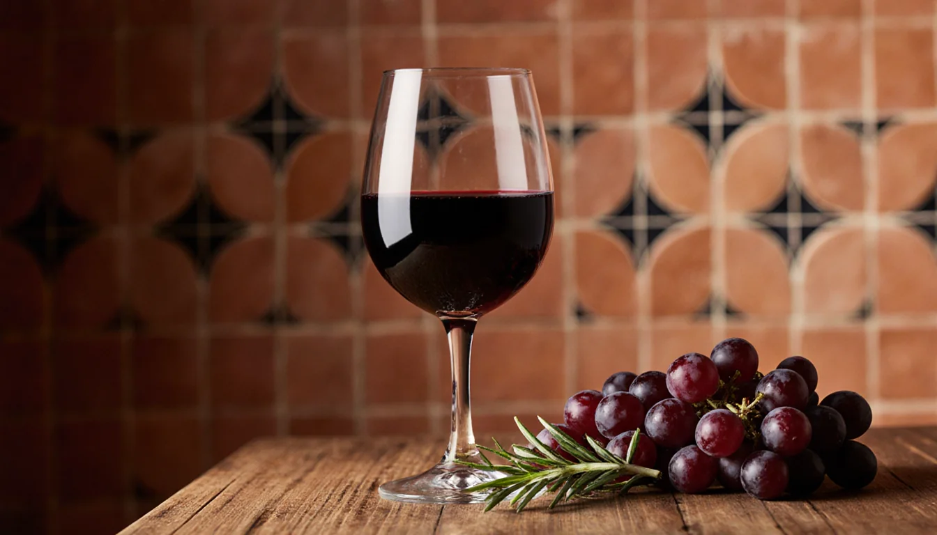 Glass of red wine sits on wooden table with terracotta wall and grapes and rosemary nearby.