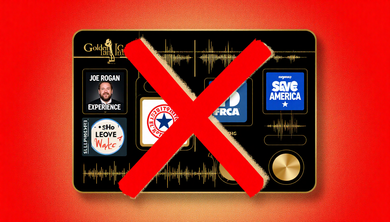 Red X marks podcast control panel with audio waves and excluded podcast icons against a red gold gradient background