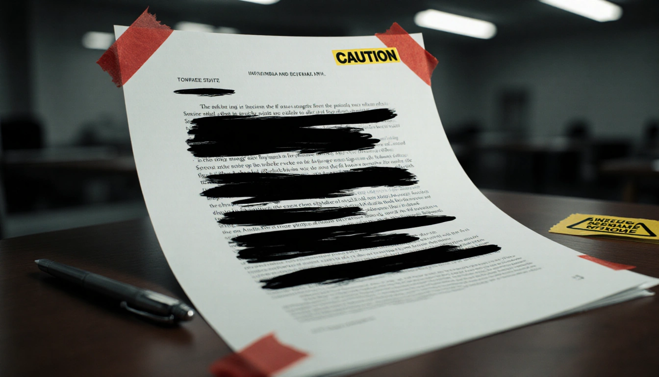 Document lying open on desk with red tape and a discarded pen nearby