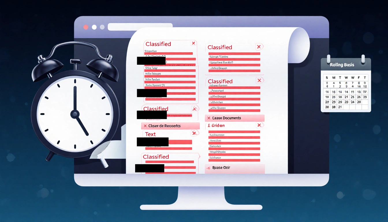 Computer screen scrolling redacted documents with ticking clock and calendar.