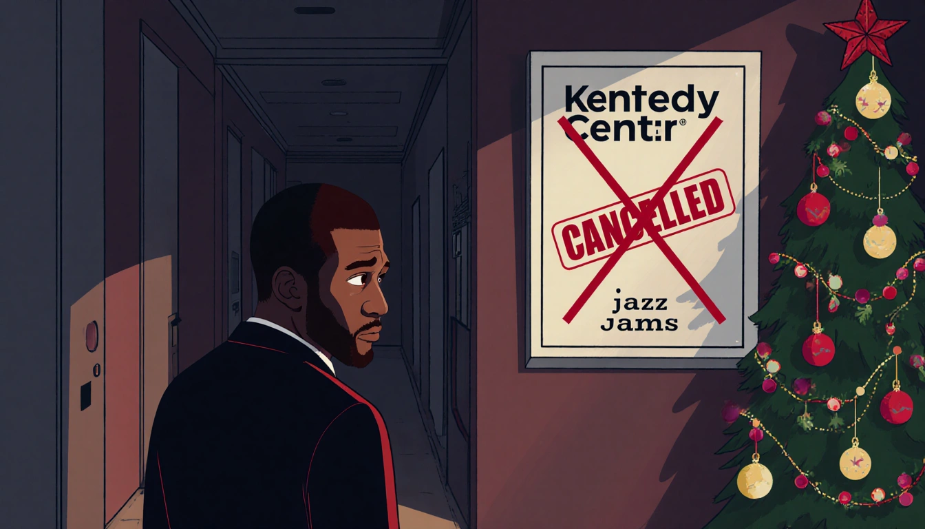 Redd stands disappointed before a canceled Jazz Jams poster with his name crossed out amid dim holiday lights.