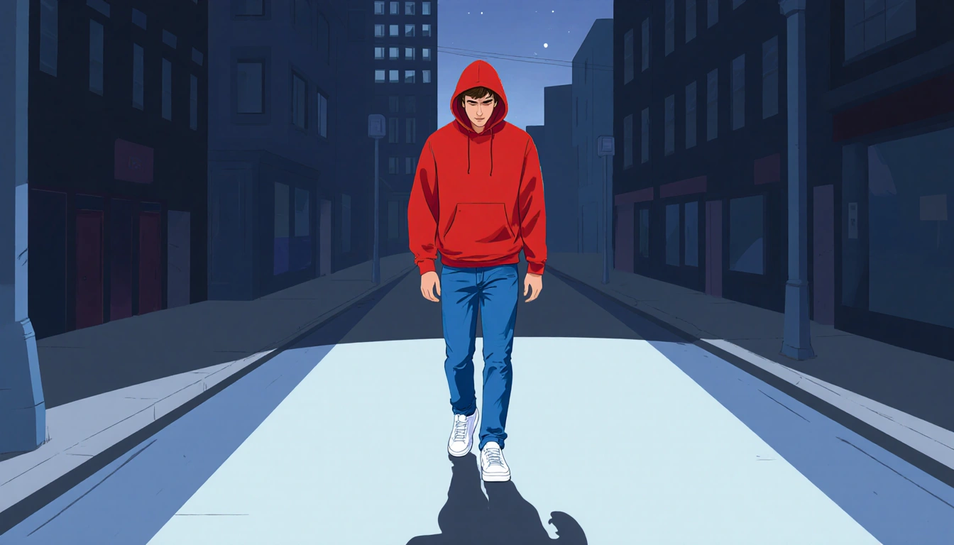 Man walking north with a red hooded sweatshirt and blue jeans in a quiet night investigation scene