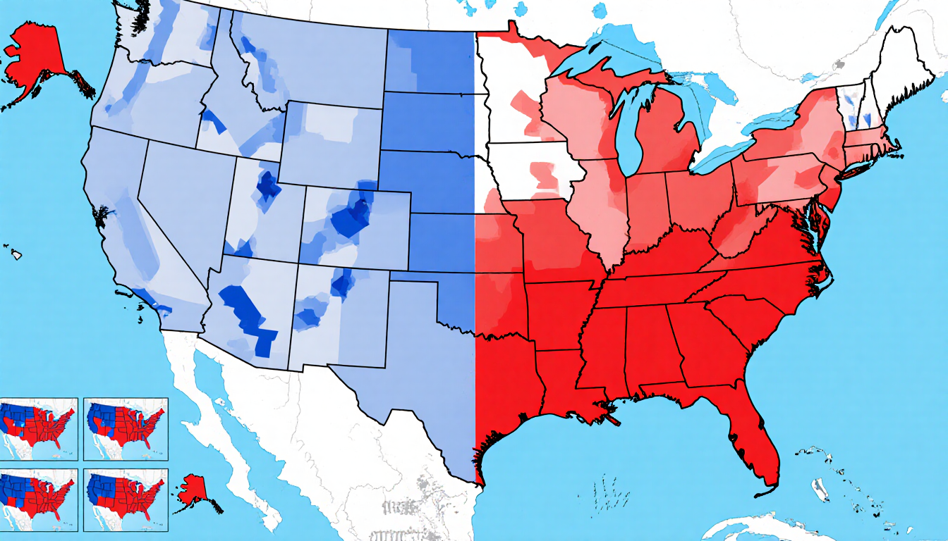 Split-screen state maps illustrate redistricting with original and redrawn district boundaries in contrasting colors.