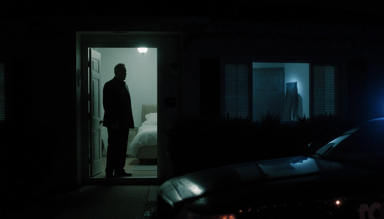 Silhouetted home at night with front door ajar and glowing hallway behind dark bedroom faint police car reflection foreboding