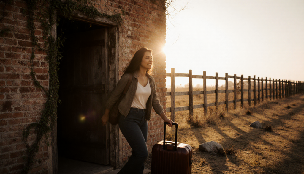 Jen Shah walking out of a rustic wooden door with a golden Texas sunset and suitcase feeling freedom