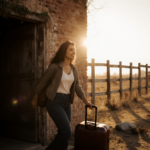 Jen Shah walking out of a rustic wooden door with a golden Texas sunset and suitcase feeling freedom