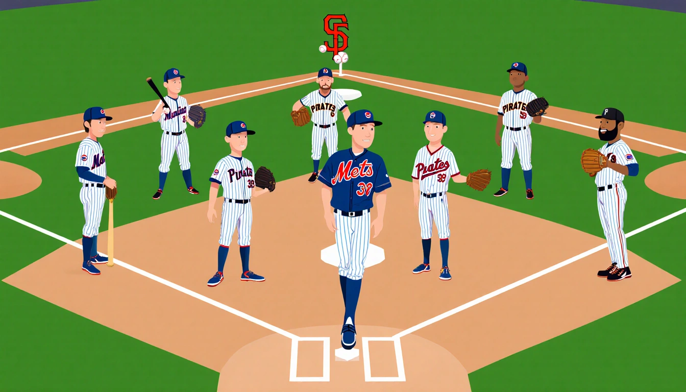 Seven baseball pitchers line up in diamond with Cubs Mets uniforms and bats gloves relievers behind.