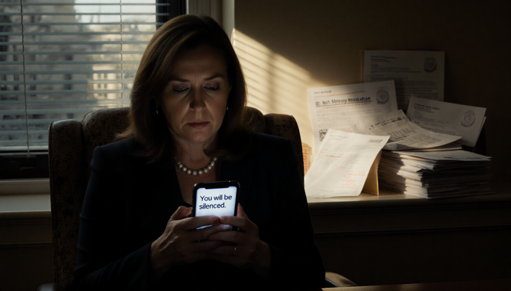 Rep. Chrissy Houlahan sits in dim office chair holding phone with morning light and stack of letters showing resilience while